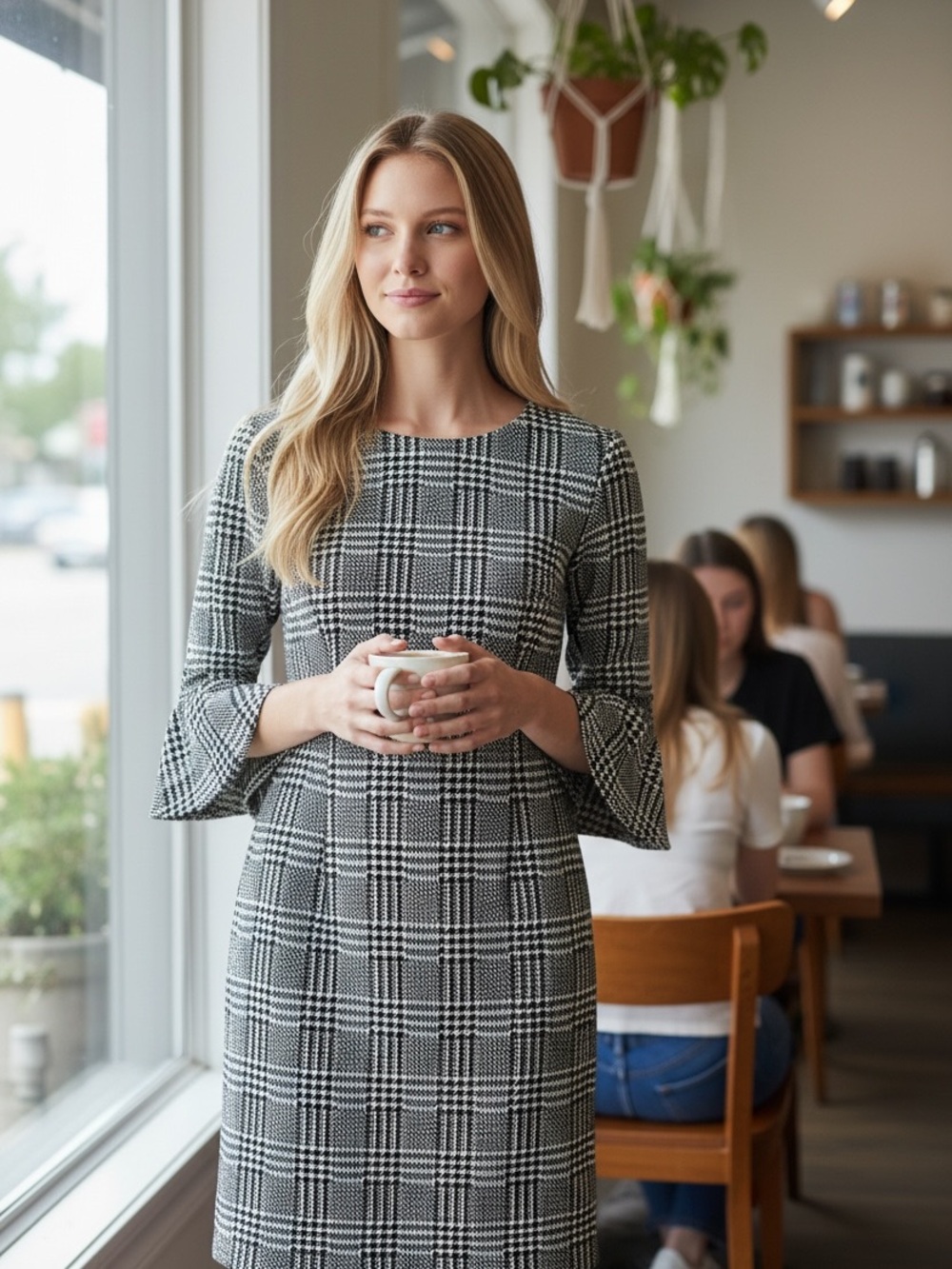 Calvin Klein Business Classic Black and White Plaid Bell-Sleeve Dress